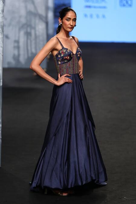 Sejal Kamdar_Blue Gajji Silk Embellished And Printed Ajrakh Sweetheart Yoke Draped Gown _at_Aza_Fashions