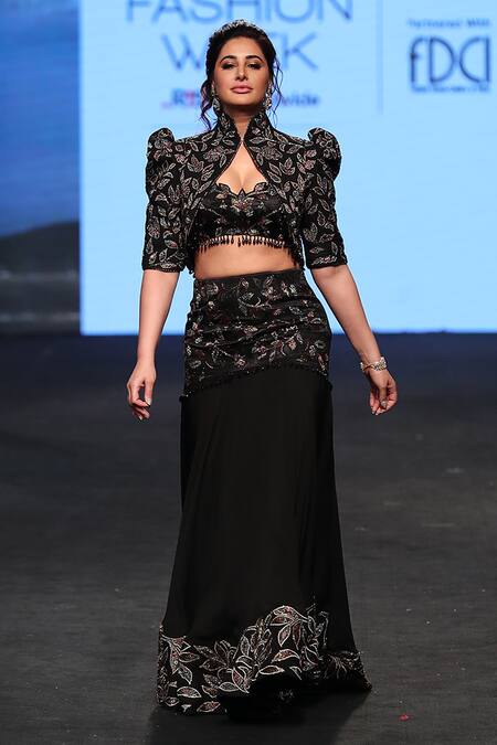 Sejal Kamdar_Black Gajji Silk Embellished And Printed Patch Jacket High Fish-cut Lehenga Set _Online_at_Aza_Fashions