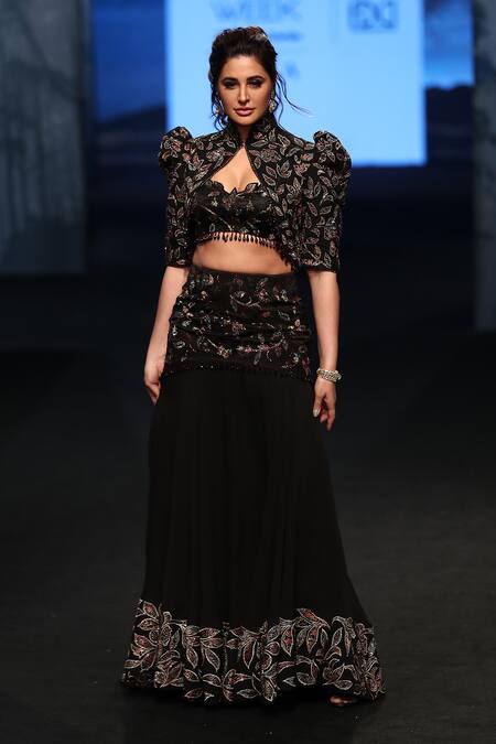 Buy_Sejal Kamdar_Black Gajji Silk Embellished And Printed Patch Jacket High Fish-cut Lehenga Set _Online_at_Aza_Fashions