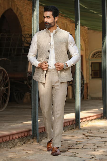 Shop_Raw & Rustic By Niti Bothra_Beige Linen Buttoned Hem Handcrafted Straight Pant 