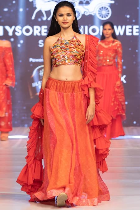Rina Dhaka_Red Cotton Sequins Halter Neck Bandhani Pattern Lehenga Set_Online_at_Aza_Fashions