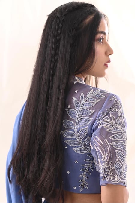 PIRI INDIA Blue Georgette, Organza Beads, Pearls, Ocean Pre-draped Saree And Crop Top Online at Aza Fashions PIRI INDIA_Blue Georgette, Organza Beads, Pearls, Ocean Pre-draped Saree And Crop Top _Online_at_Aza_Fashions