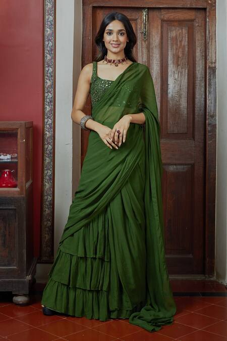 Buy_Arpita Mehta_Green Georgette Mirrors Square Neck Pre-draped Saree With Embroidered Blouse_Online_at_Aza_Fashions