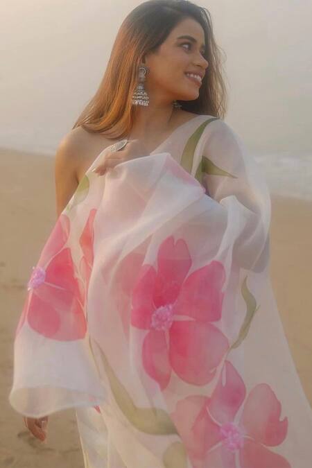 Meghstudio_Off White Organza, Modal, Silk Sequins Embroidered And Hand Painted Saree _Online_at_Aza_Fashions