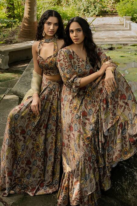 Amrin Khan_Green Modal Satin And Organza Print & Embroidery Kalamkari & Thread Lehenga Set _at_Aza_Fashions