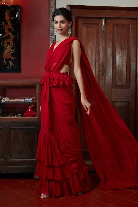 Buy_Arpita Mehta_Red Georgette Ruffles V-neck Solid Saree With Blouse_Online_at_Aza_Fashions