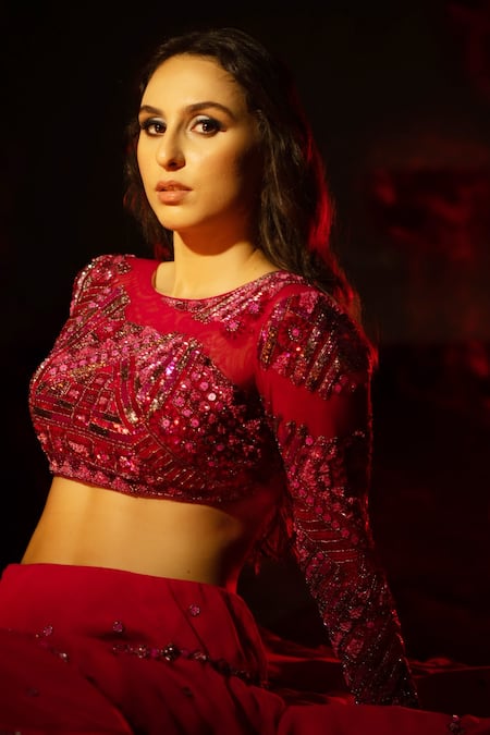 Richa Jaisinghani Label_Pink Tulle And Georgette Sequin & Bugle Beads Round Tiered Lehenga Set _Online_at_Aza_Fashions