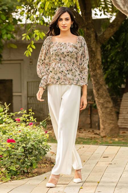 B'Infinite_Beige Crepe Square Neck Vintage Floral Top And Trouser Set_Online_at_Aza_Fashions