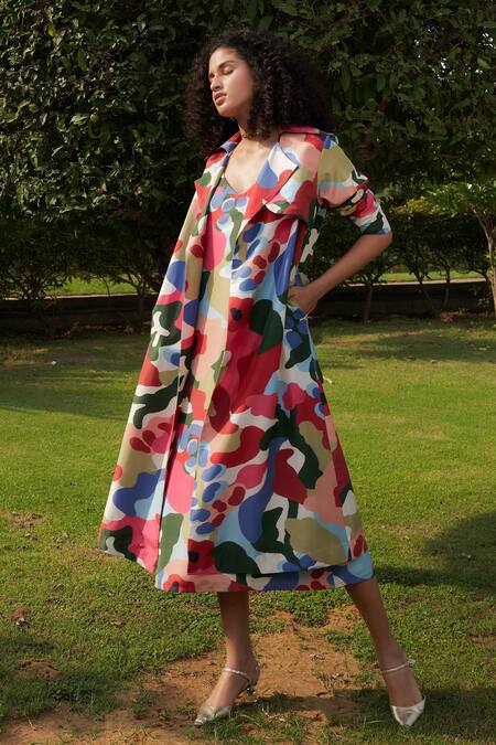 Shop_Ode To Odd_Multi Color Habutai Silk Printed Abstract Notched Lapel Collar Trench Coat_Online_at_Aza_Fashions