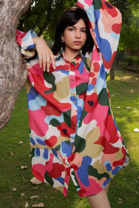 Ode To Odd_Multi Color Cotton, Linen Collared Abstract Print Shirt Dress_Online_at_Aza_Fashions