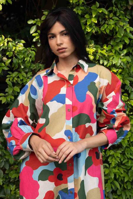 Shop_Ode To Odd_Multi Color Cotton, Linen Collared Abstract Print Shirt Dress_Online_at_Aza_Fashions