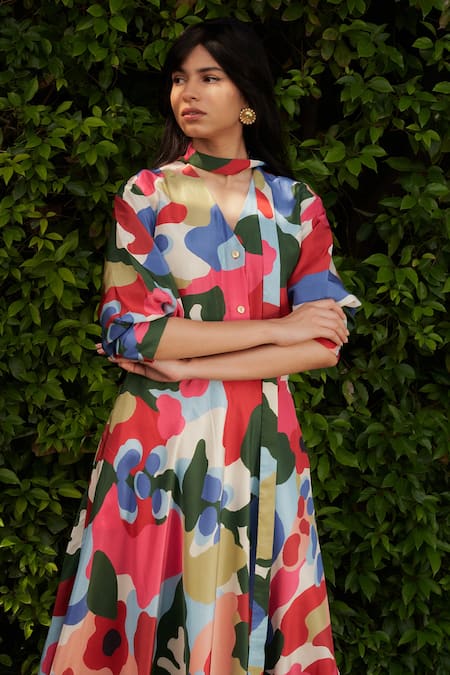 Ode To Odd_Multi Color Silk Abstract Print Flared Skirt_Online_at_Aza_Fashions