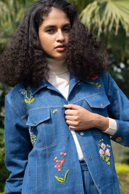 Ode To Odd_Blue Cotton Beads Collared Denim Handwoven Embroidered Jacket_Online_at_Aza_Fashions