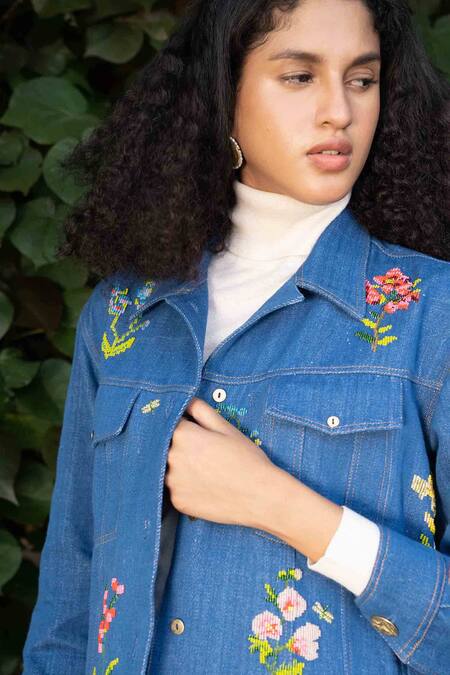 Buy_Ode To Odd_Blue Cotton Beads Collared Denim Handwoven Embroidered Jacket_Online_at_Aza_Fashions