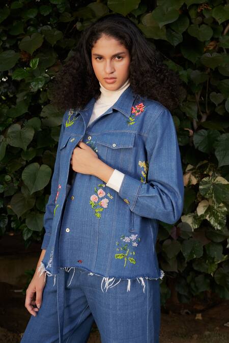 Shop_Ode To Odd_Blue Cotton Beads Collared Denim Handwoven Embroidered Jacket_Online_at_Aza_Fashions