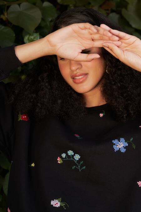 Ode To Odd_Black Cotton, Fleece Embroidery Round Neck Thread Sweatshirt_Online_at_Aza_Fashions