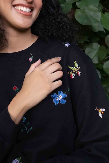 Ode To Odd_Black Cotton, Fleece Embroidery Round Neck Thread Sweatshirt_at_Aza_Fashions