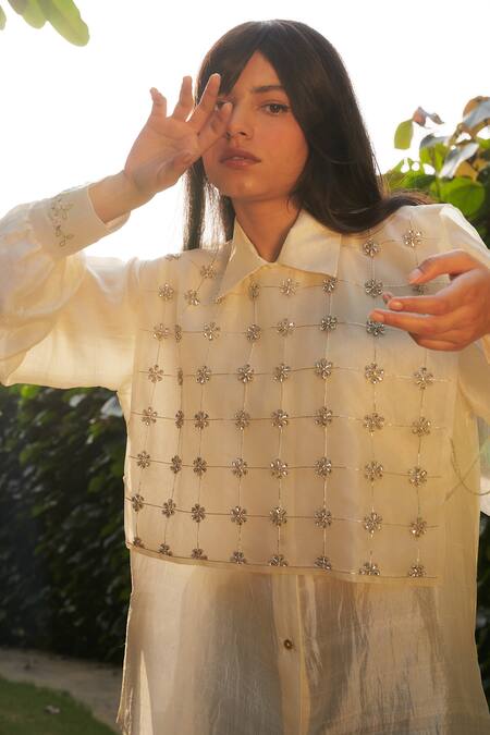Shop_Ode To Odd_White Silk Organza Embroidery Round Neck Checkered Aari Hand Bib_Online_at_Aza_Fashions