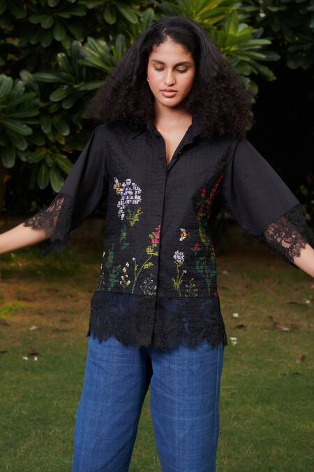 Ode To Odd_Black Cotton Embroidery Collared Cross Stitch Shirt_Online_at_Aza_Fashions