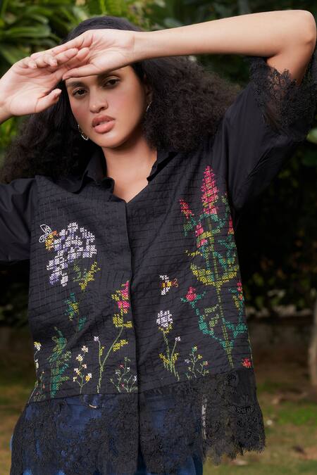 Buy_Ode To Odd_Black Cotton Embroidery Collared Cross Stitch Shirt_Online_at_Aza_Fashions