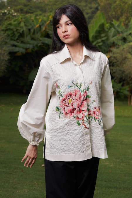 Ode To Odd_Beige 100% Cotton Poplin Hand Embroidered Bead Work Floral Shirt _Online_at_Aza_Fashions