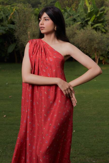 Buy_Ode To Odd_Red Silk Tassels One Shoulder Printed Neck Gown_Online_at_Aza_Fashions