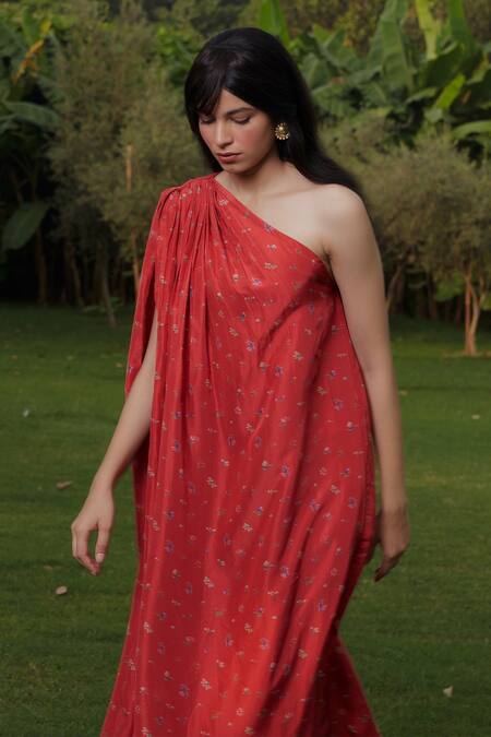 Shop_Ode To Odd_Red Silk Tassels One Shoulder Printed Neck Gown_Online_at_Aza_Fashions