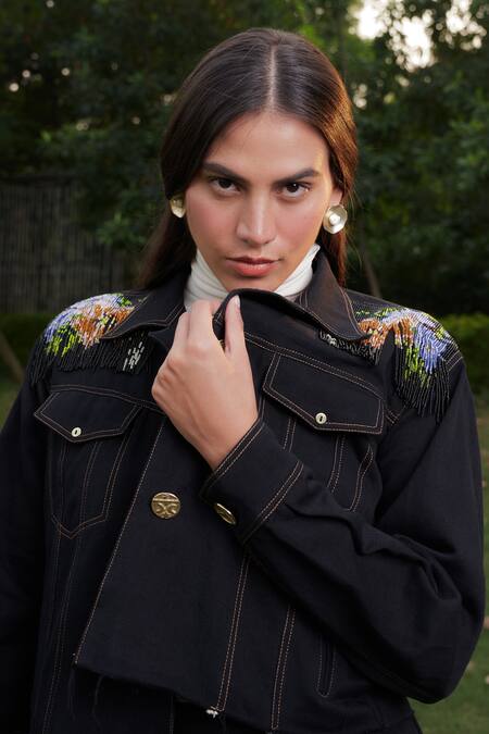Buy_Ode To Odd_Black Cotton Beads Collared Denim Handwoven Crop Jacket_Online_at_Aza_Fashions