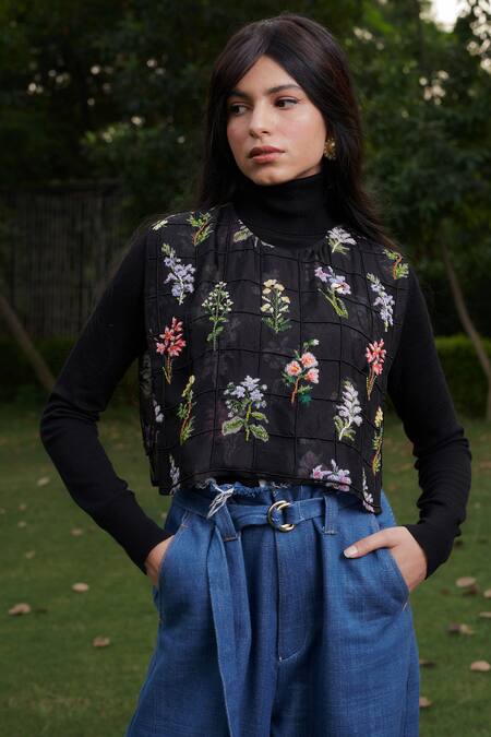 Buy_Ode To Odd_Multi Color Silk Organza Embroidery Round Neck Aari Hand Bib_Online_at_Aza_Fashions