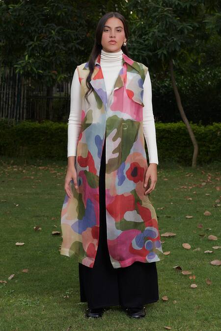 Ode To Odd_Multi Color Silk Organza Notched Collar Trench Coat_Online_at_Aza_Fashions