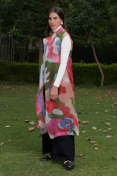 Buy_Ode To Odd_Multi Color Silk Organza Notched Collar Trench Coat_Online_at_Aza_Fashions