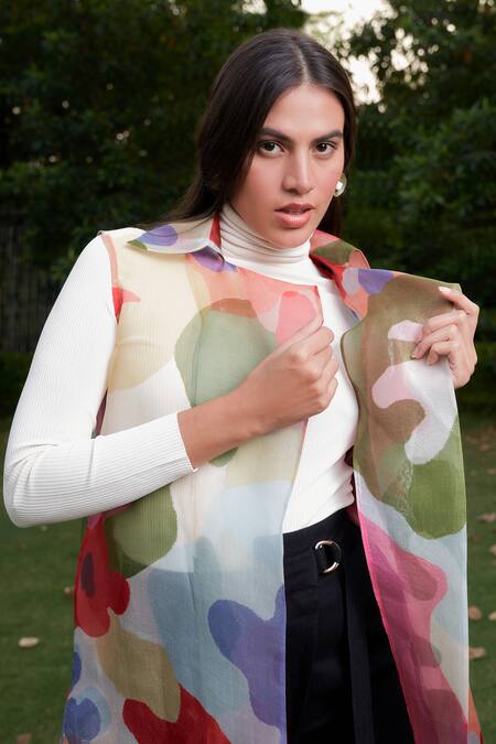 Shop_Ode To Odd_Multi Color Silk Organza Notched Collar Trench Coat_Online_at_Aza_Fashions