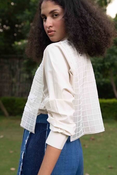 Ode To Odd_White Silk Organza Hand Embroidered Bead Work And Cross Stitch Round Bib _Online_at_Aza_Fashions