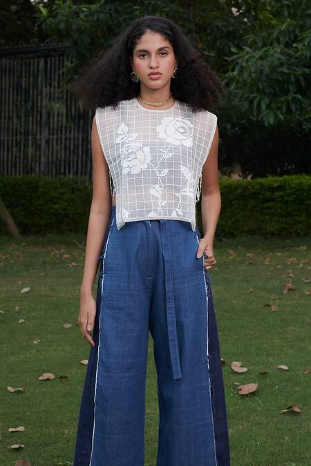 Shop_Ode To Odd_White Silk Organza Hand Embroidered Bead Work And Cross Stitch Round Bib _Online_at_Aza_Fashions