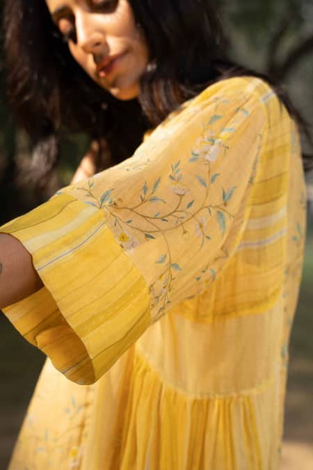 Dhaari_Yellow Handloom Cotton, Silk Embroidery Boat Neck Floral Pattern Gathered Dress _Online_at_Aza_Fashions