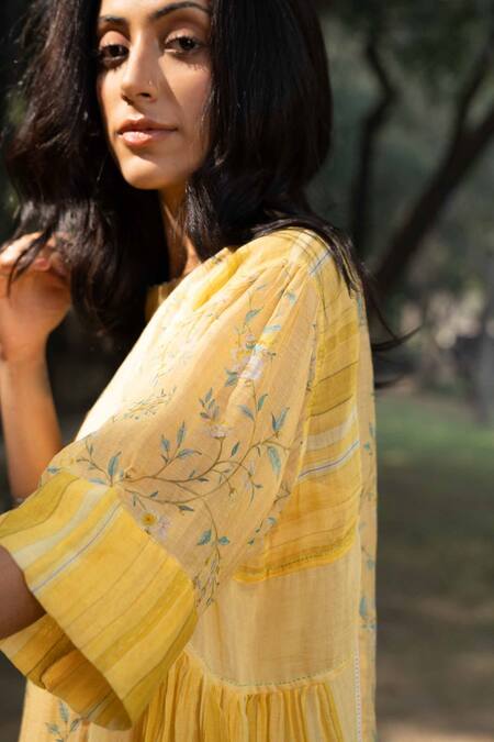 Buy_Dhaari_Yellow Handloom Cotton, Silk Embroidery Boat Neck Floral Pattern Gathered Dress _Online_at_Aza_Fashions