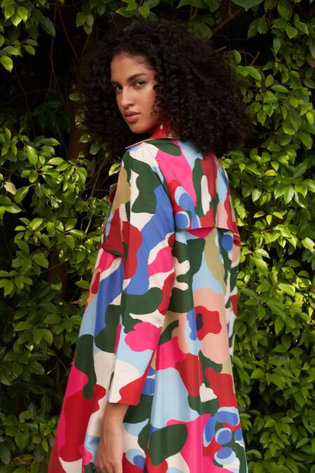 Ode To Odd_Multi Color Habutai Silk Printed Abstract Notched Lapel Collar Trench Coat_at_Aza_Fashions