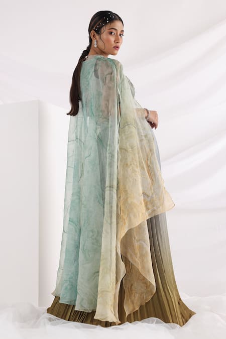 Smriti By Anju Agarwal_Multi Color Organza, Crepe, Taffeta Marbellous Ombre Cape And Pleated Skirt Set _Online_at_Aza_Fashions
