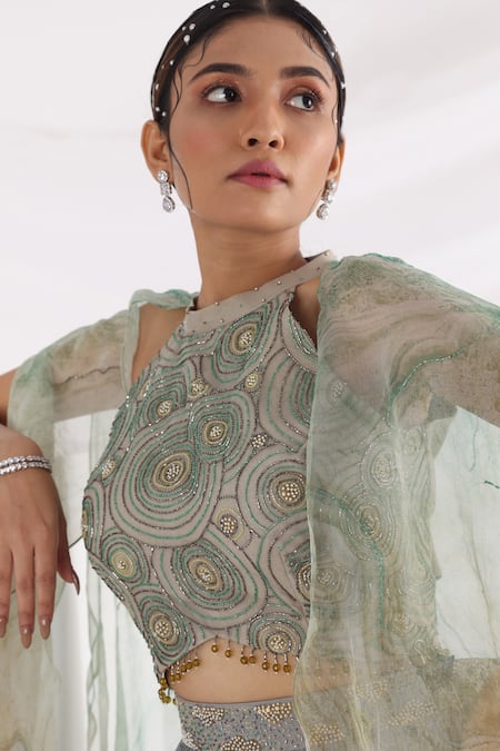 Buy_Smriti By Anju Agarwal_Multi Color Organza, Crepe, Taffeta Marbellous Ombre Cape And Pleated Skirt Set _Online_at_Aza_Fashions