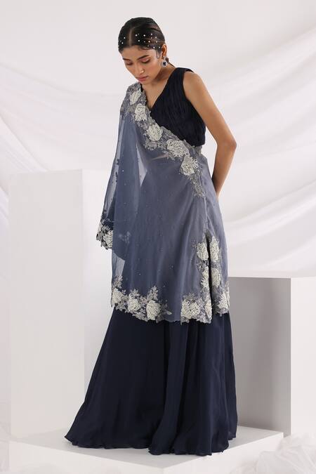 Smriti By Anju Agarwal_Blue Chiffon, Taffeta Sequins, Dream One Shoulder Cape And Flared Pant Set _Online_at_Aza_Fashions