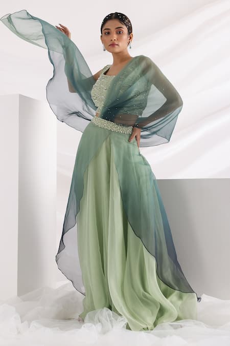 Smriti By Anju Agarwal_Green Organza, Crepe, Taffeta Pearls, Sequins, Wave Blouse And Pant Set _Online_at_Aza_Fashions