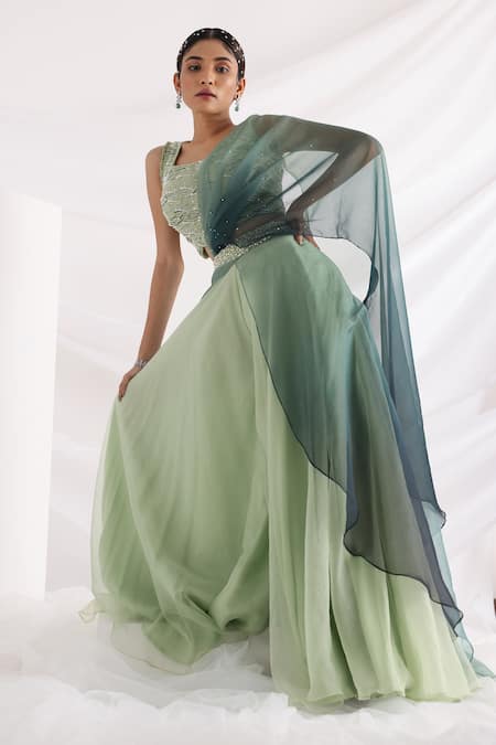 Buy_Smriti By Anju Agarwal_Green Organza, Crepe, Taffeta Pearls, Sequins, Wave Blouse And Pant Set _Online_at_Aza_Fashions