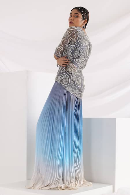 Smriti By Anju Agarwal_Grey Silk, Organza, Crepe, Taffeta Pearls Sign Of The Painted Jacket And Pant Set _Online_at_Aza_Fashions