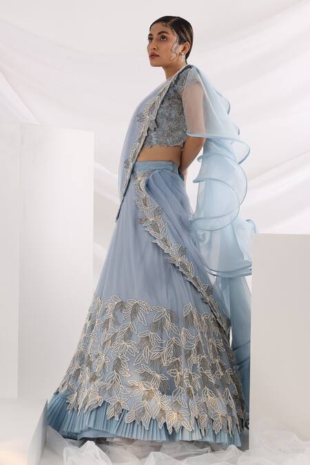 Smriti By Anju Agarwal_Blue Crepe, Organza, Taffeta, Net Trail In The Sky Lehenga And Blouse Set _Online_at_Aza_Fashions