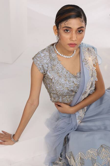 Buy_Smriti By Anju Agarwal_Blue Crepe, Organza, Taffeta, Net Trail In The Sky Lehenga And Blouse Set _Online_at_Aza_Fashions