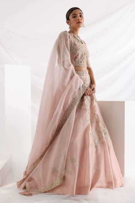 Smriti By Anju Agarwal_Pink Organza, Tissue, Crepe Beads, Embroidery, Starlight Floral Lehenga Set _Online_at_Aza_Fashions