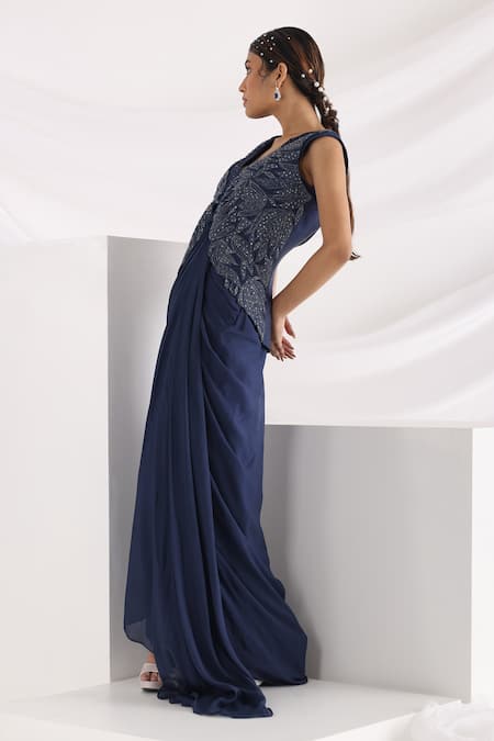 Smriti By Anju Agarwal_Blue Linen Embroidery Bead Notched Midnight Draped Gown And Jacket _Online_at_Aza_Fashions