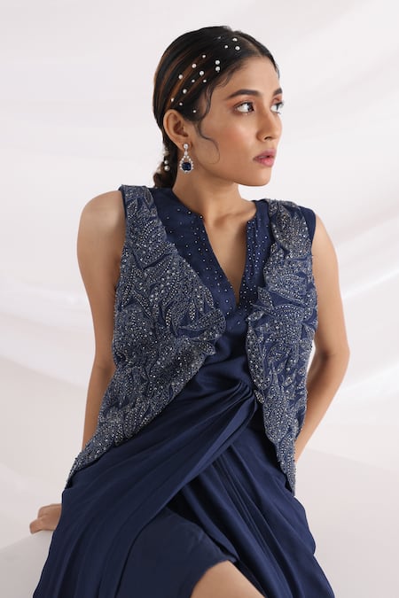 Buy_Smriti By Anju Agarwal_Blue Linen Embroidery Bead Notched Midnight Draped Gown And Jacket _Online_at_Aza_Fashions