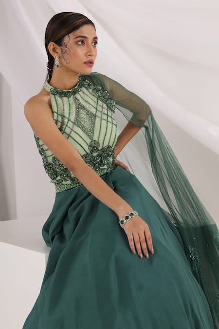 Buy_Smriti By Anju Agarwal_Green Organza, Net, Taffeta Beads, Lorena Layered Lehenga And Blouse Set _Online_at_Aza_Fashions