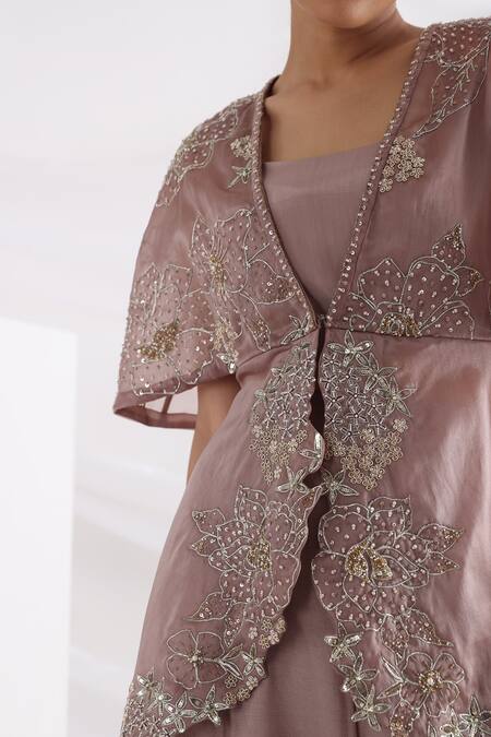 Buy_Smriti By Anju Agarwal_Pink Satin Organza Embroidery Bead Jacket Open Petal Peplum And Flared Pant Set _Online_at_Aza_Fashions